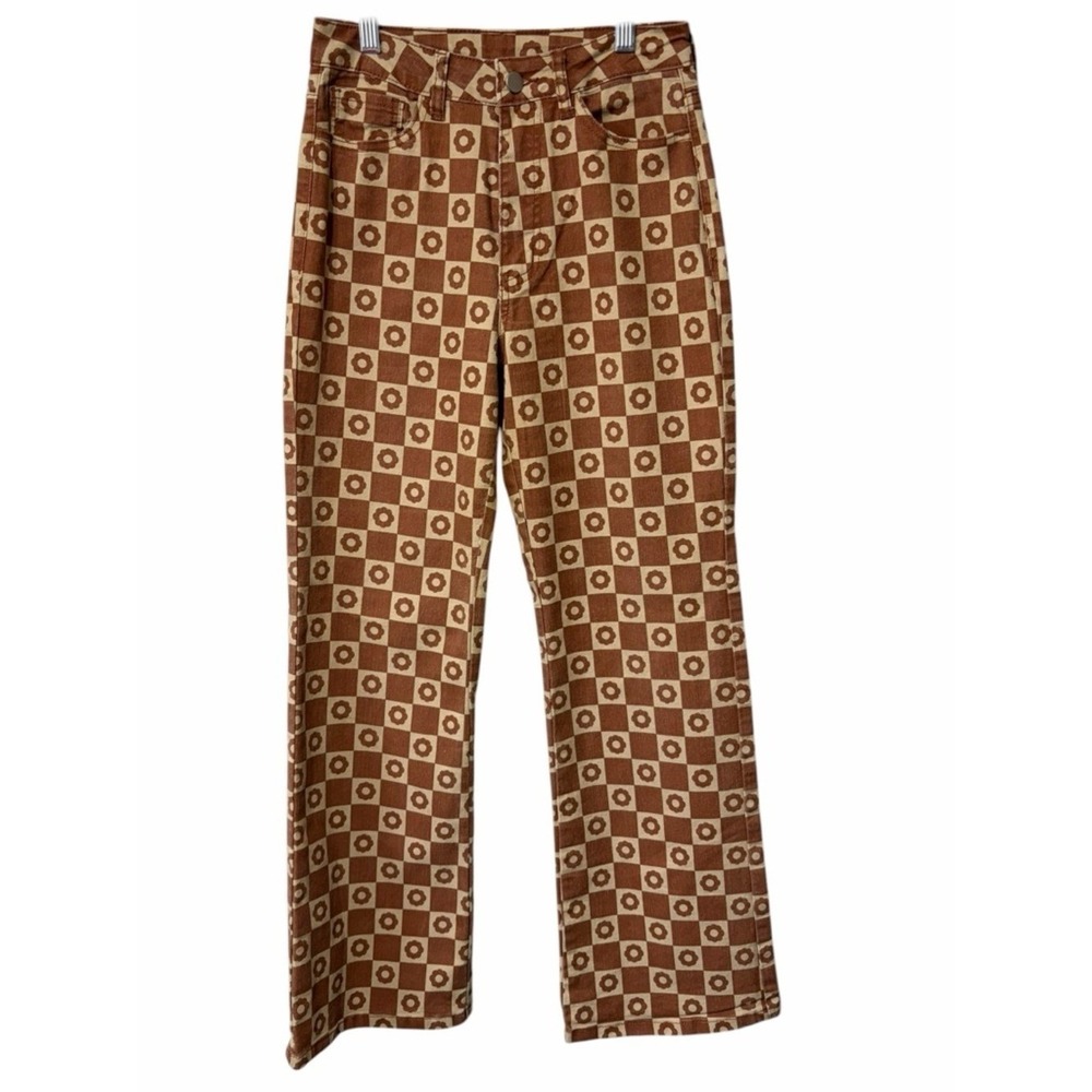 Brown Checkered Boot Cut Jeans